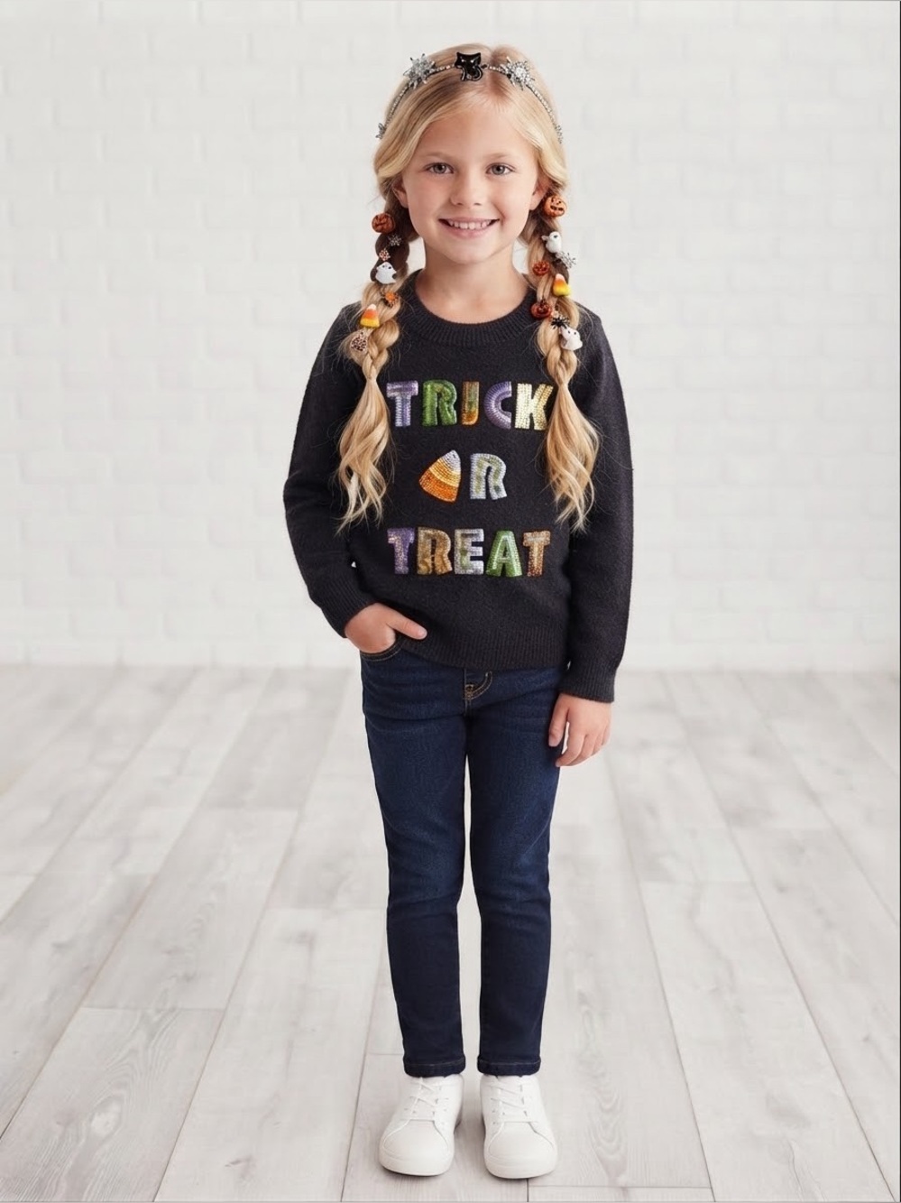 ZUNI Girls' Black 'Trick or Treat' Halloween Sweater